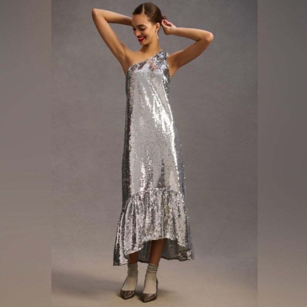 Maeve Anthropologie sequined silver one shoulder maxi dress NWT